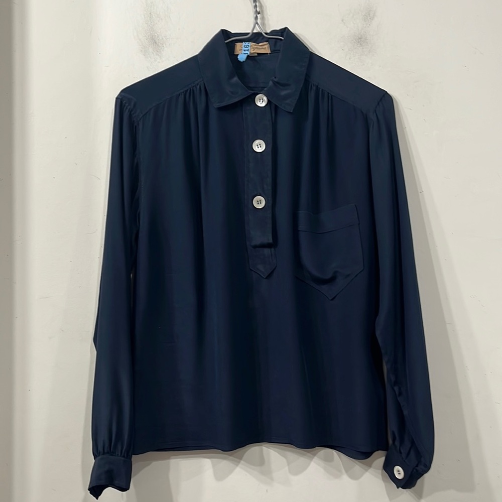 Les Copains Silk Pullover 3 Buttons Long Sleeve Blouse Navy Blue size S